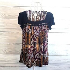 PerSeption Concept Black Burgundy Tan Paisley Flutter Sleeve Top